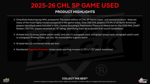 940861ss-2 2025/26 Upper Deck CHL SP Game Used Hockey Hobby 20-Box Case