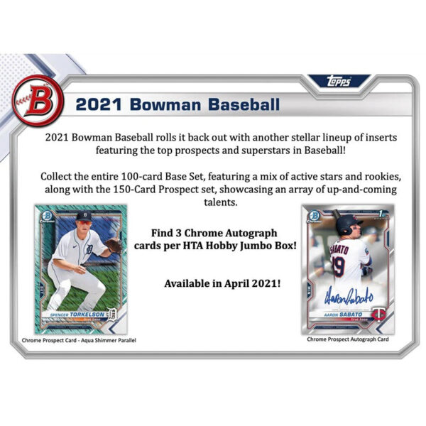 bowman-baseball-2021 2021 Bowman Baseball Jumbo HTA Hobby 8 Box Case